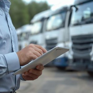 Professionnel du transport consultant une lettre de voiture électronique (e-CMR) sur une tablette devant une flotte de camions